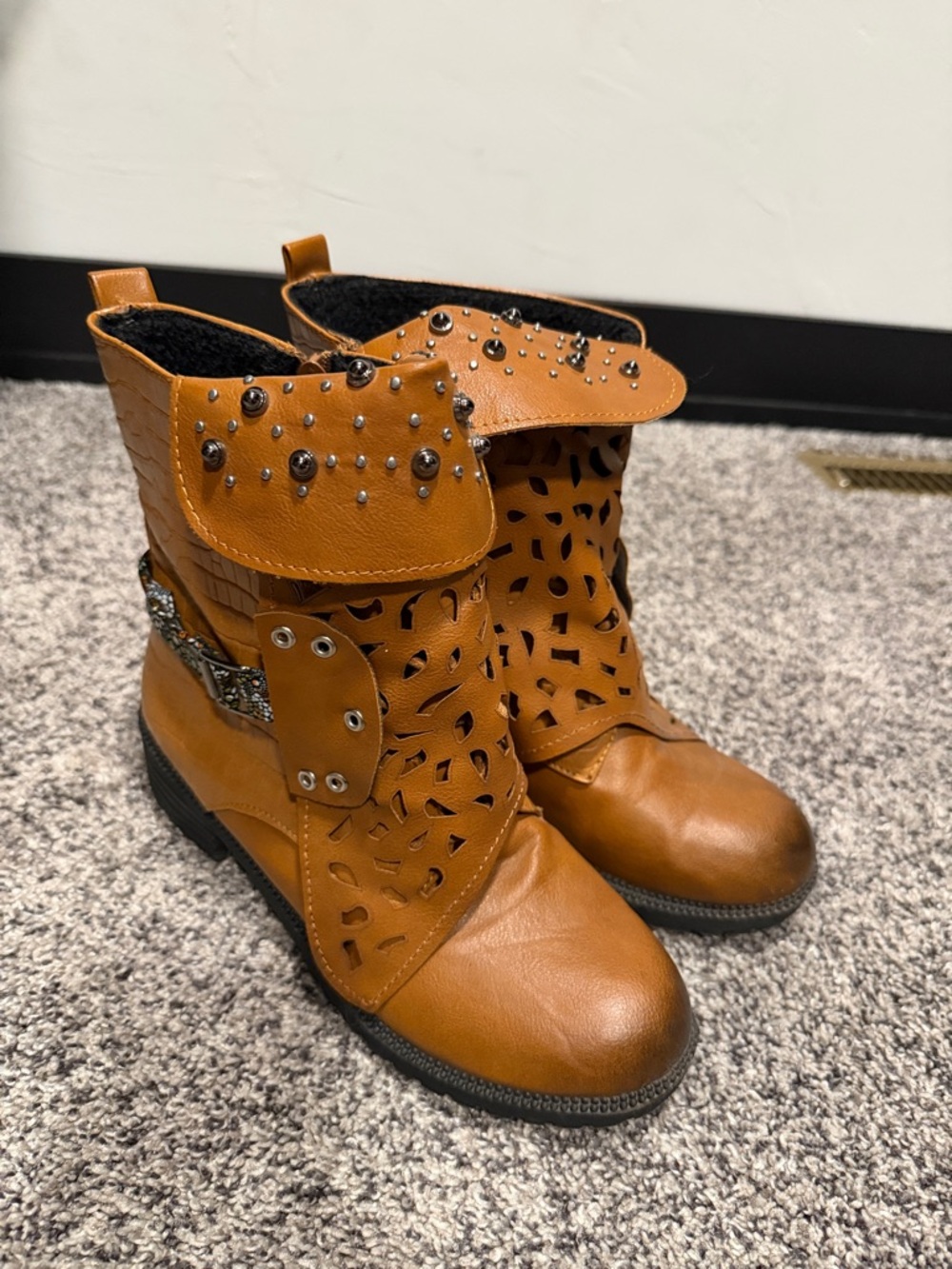 Studded Cutout Tan Ankle Boots